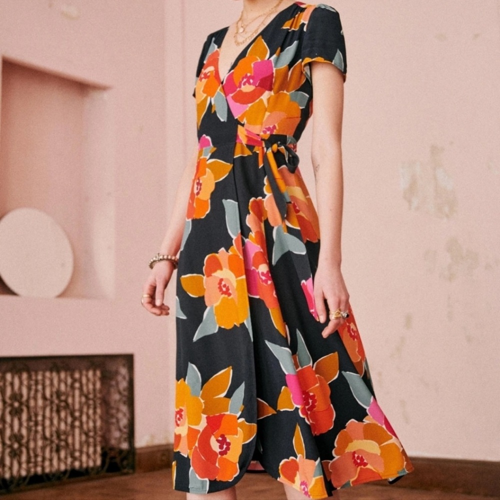 Sézane Black Midi Dress with Orange, Pink & Yellow Floral Print
